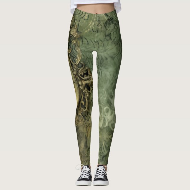 Emerald Green Rustic Steampunk Clock (4) Leggings (Front)