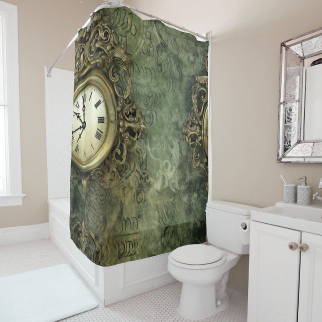 Emerald Green Rustic Steampunk Clock (4) Shower Curtain (In Situ)