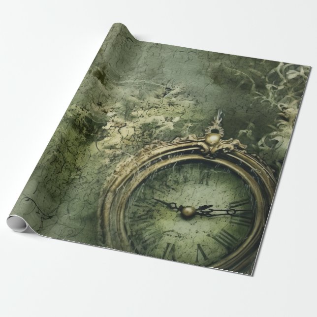 Emerald Green Rustic Steampunk Clock (7) Wrapping Paper (Unrolled)