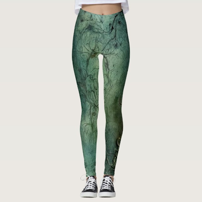 Emerald Green Rustic Steampunk Clock (8) Leggings (Front)