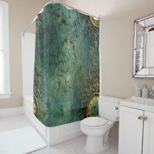 Emerald Green Rustic Steampunk Clock (8) Shower Curtain