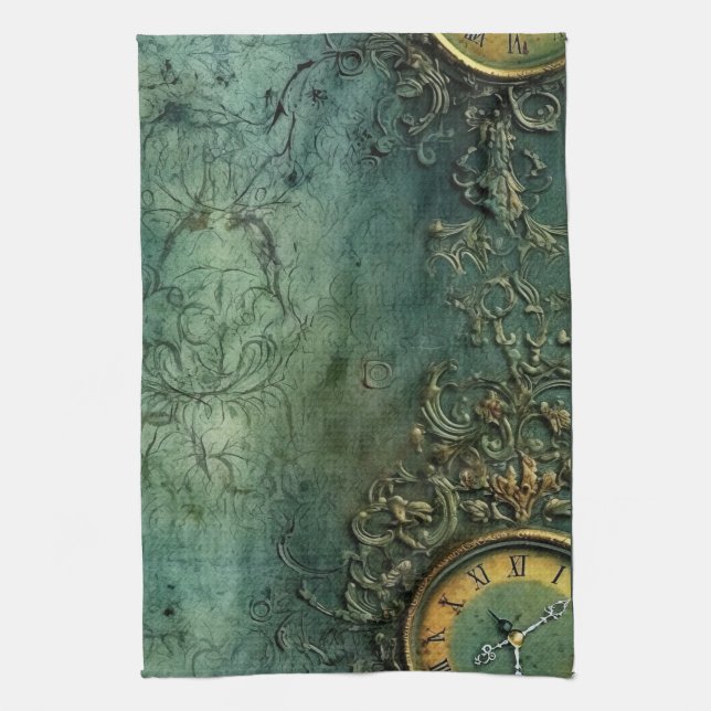 Emerald Green Rustic Steampunk Clock (8) Tea Towel (Vertical)