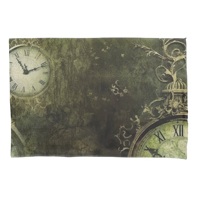 Emerald Green Rustic Steampunk Clock (9) Pillowcase (Front-Left)