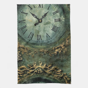Emerald Green Rustic Steampunk Clock Tea Towel
