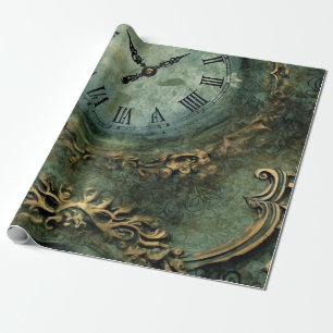 Emerald Green Rustic Steampunk Clock Wrapping Paper
