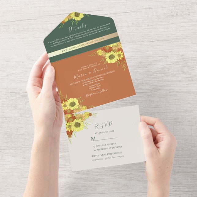 Emerald Green Rustic Sunflowers Wedding All In One Invitation (Tearaway)
