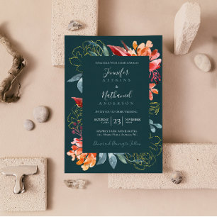 Emerald Green Rusty Orange Floral Wedding Invitation