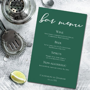 Emerald Green Script Forest Wedding Bar Menu