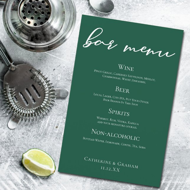 Emerald Green Script Forest Wedding Bar Menu (Creator Uploaded)