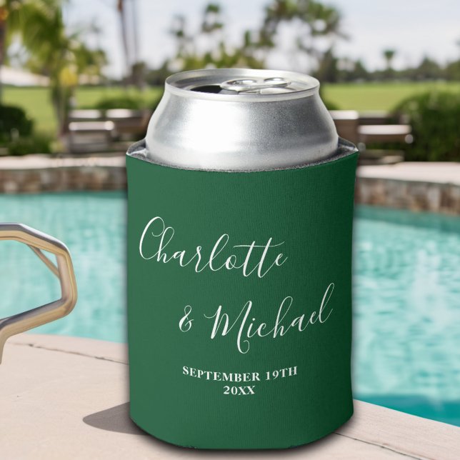 Emerald Green Script Minimalist Wedding Can Cooler (Creator Uploaded)