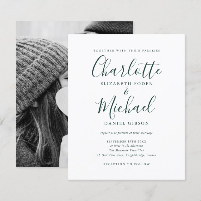 Emerald Green Script Photo Budget Wedding Invite (Front/Back)