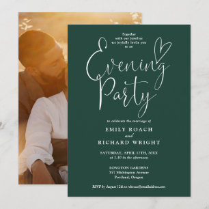 Emerald Green Script Photo Wedding Evening Party Invitation