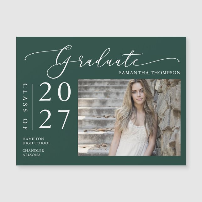 Emerald Green Script School Graduate Photo Magnet (Front)