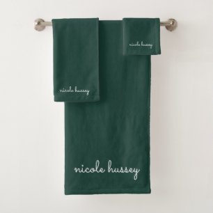 Emerald Green Script    Stylish Monogram Modern Bath Towel Set