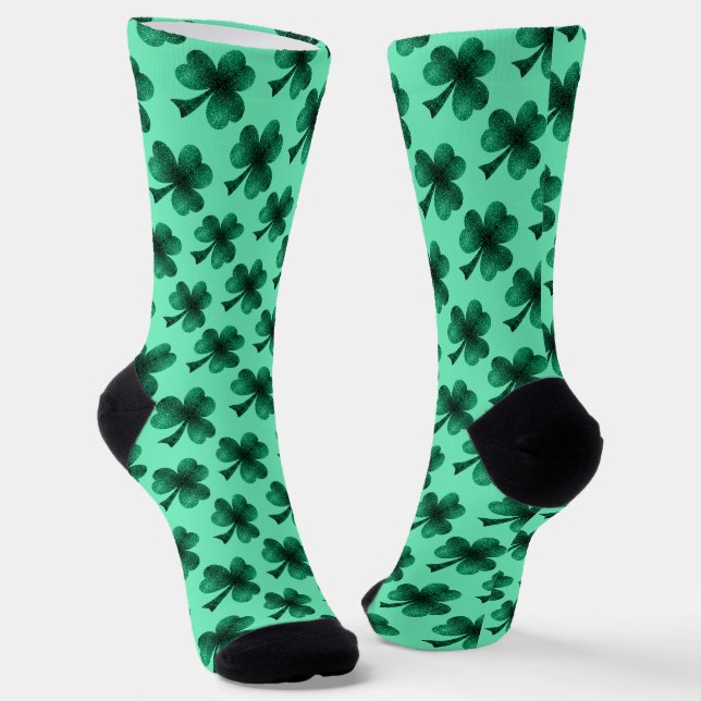 Emerald green shamrock clover sparkles pattern socks (Angled)