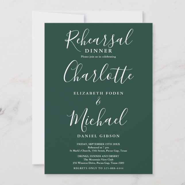 Emerald Green Signature Script Rehearsal Dinner Invitation (Front)