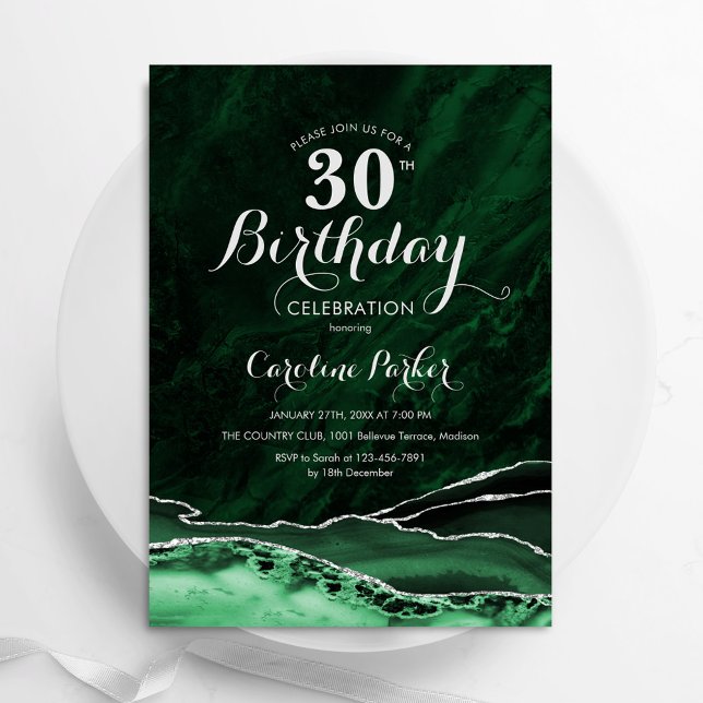 Emerald Green Silver Agate 30th Birthday Invitation (Creator Uploaded)