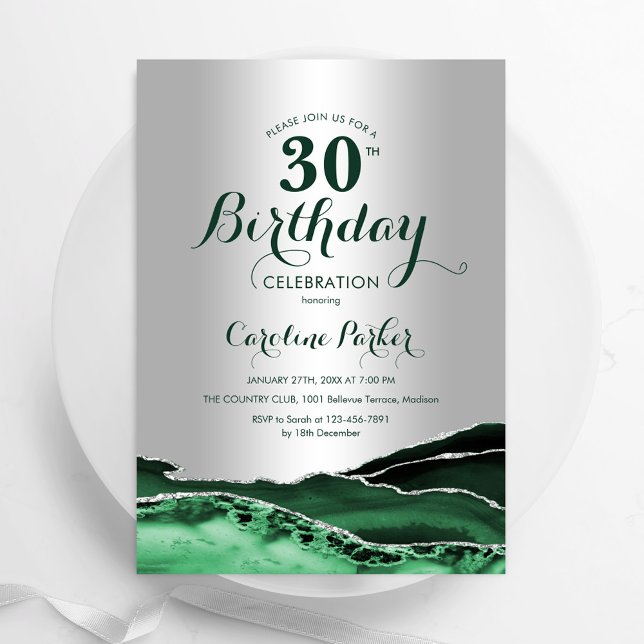 Emerald Green Silver Agate 30th Birthday Party Invitation (Creator Uploaded)