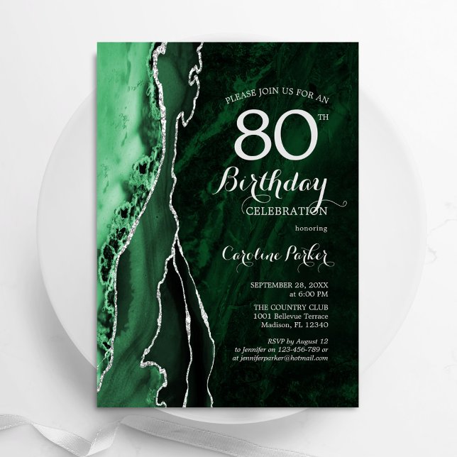 Emerald Green Silver Agate 80th Birthday Invitation (Creator Uploaded)