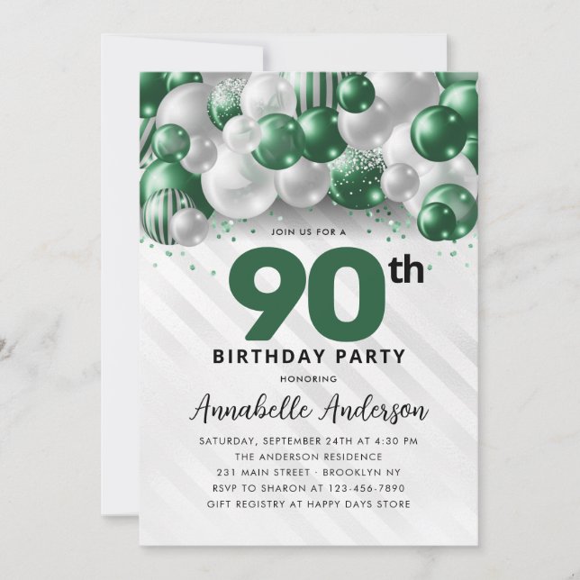 Emerald Green Silver Balloon Glitter 90th Birthday Invitation (Front)