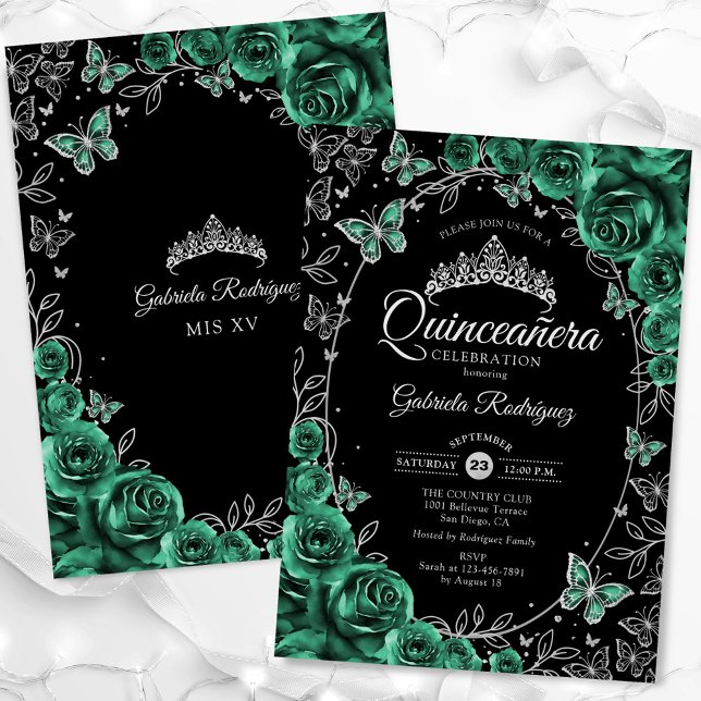 Emerald Green Silver Black Quinceanera Invitation (Creator Uploaded)