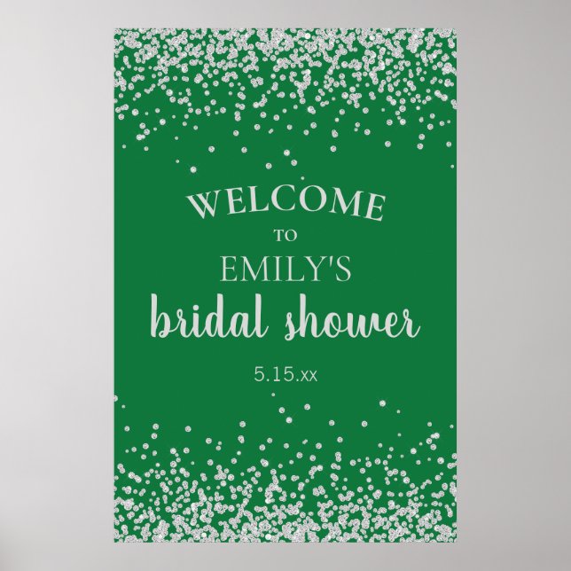 Emerald Green Silver Confetti Bridal Shower Poster (Front)