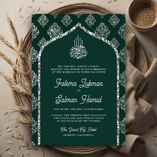 Emerald Green Silver Damask Arch Muslim Wedding Invitation