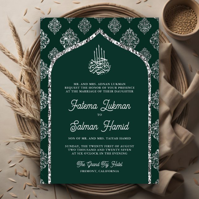 Emerald Green Silver Damask Arch Muslim Wedding Invitation (Creator Uploaded)