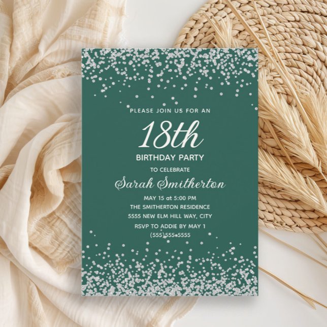 Emerald Green Silver Diamond Glitter 18th Birthday Invitation (Elegant emerald green and silver glitter 18th birthday party invitation for women,)