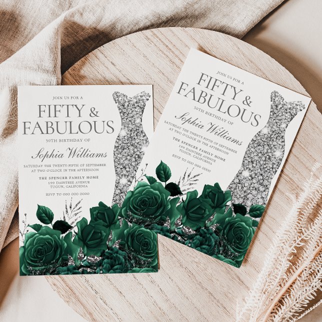 Emerald Green & Silver Dress 50th Birthday Party Invitation (Creator Uploaded)