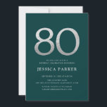 Emerald Green Silver Elegant  80th Birthday Invitation<br><div class="desc">Elegant emerald green silver 80th birthday party invitation. Customisable modern feminine design featuring faux glitter silver. Simple invite card perfect for a stylish female bday celebration. Personalise with your own details. Printed Zazzle invitations or instant download digital printable template.</div>