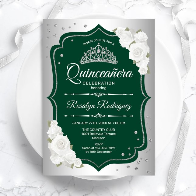 Emerald Green Silver Elegant Quinceanera Invitation (Creator Uploaded)