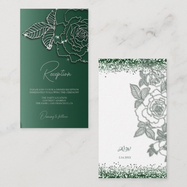 Emerald green Silver floral Elegant Wedding  Enclosure Card (Front/Back)
