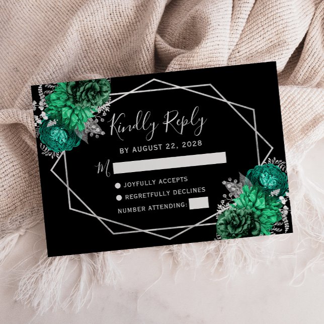 Emerald Green Silver Floral Geometric Black RSVP Card (Creator Uploaded)