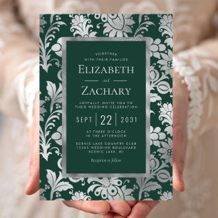 Emerald Green Silver Floral Pattern Wedding Invitation
