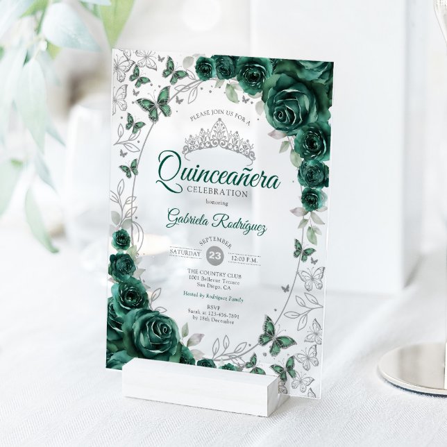Emerald Green Silver Floral Quinceanera Acrylic Invitations (Creator Uploaded)