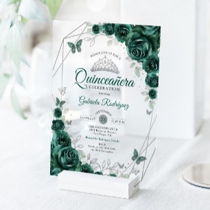 Emerald Green Silver Floral Quinceanera Acrylic Invitations