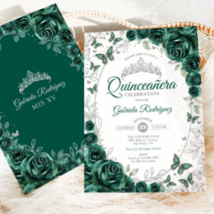 Emerald Green Silver Floral Quinceanera Invitation
