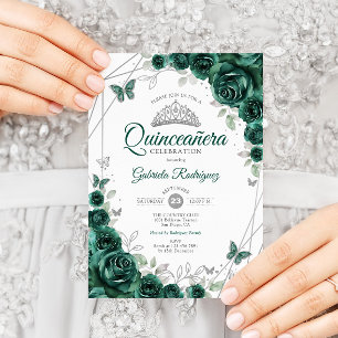 Emerald Green Silver Floral Quinceanera Invitation