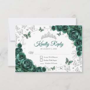 Emerald Green Silver Floral Quinceanera Reply RSVP Card