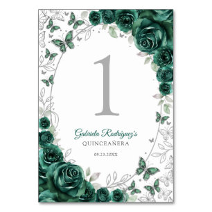 Emerald Green Silver Floral Quinceanera Table Number