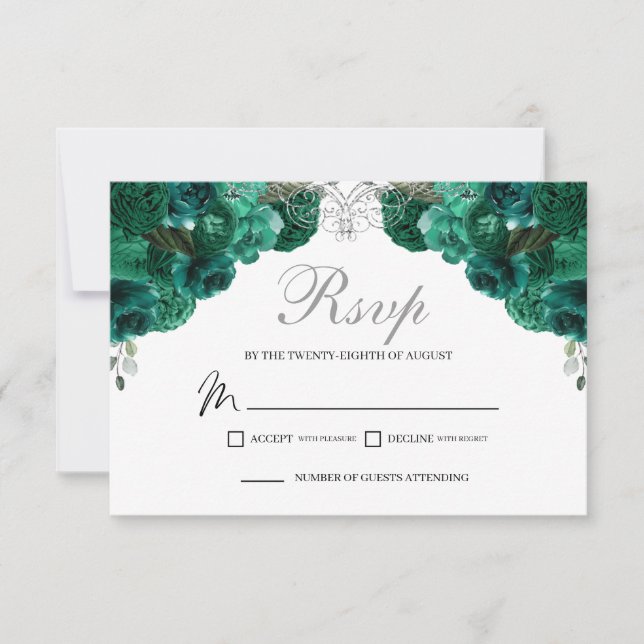 Emerald Green & Silver Floral RSVP Enclosure Card (Front)