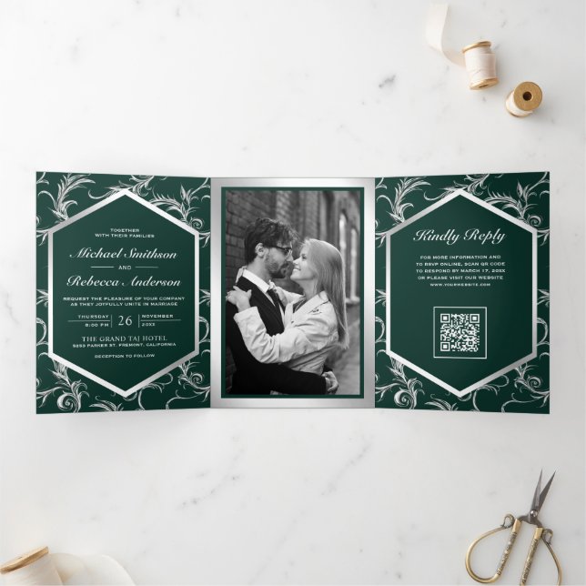 Emerald Green Silver Flourish QR Code Wedding Tri-Fold Invitation (Inside)