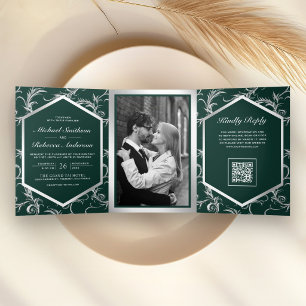 Emerald Green Silver Flourish QR Code Wedding Tri-Fold Invitation