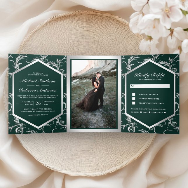 Emerald Green Silver Flourish Swirl Wedding Photo Tri-Fold Invitation (Creator Uploaded)