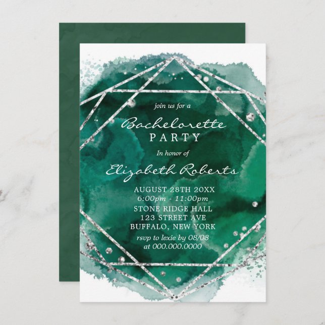 Emerald Green Silver Geometric Bachelorette Party Invitation (Front/Back)