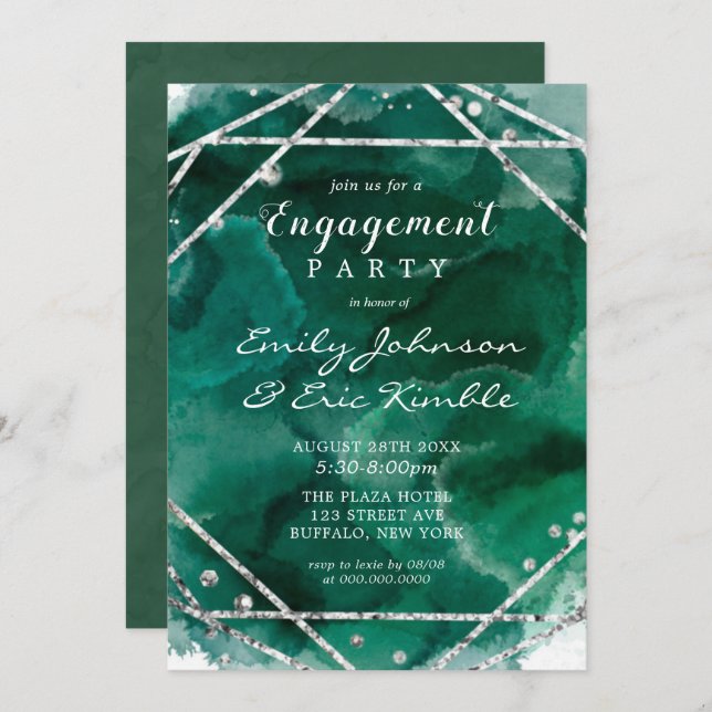 Emerald Green Silver Geometric Engagement Party Invitation (Front/Back)