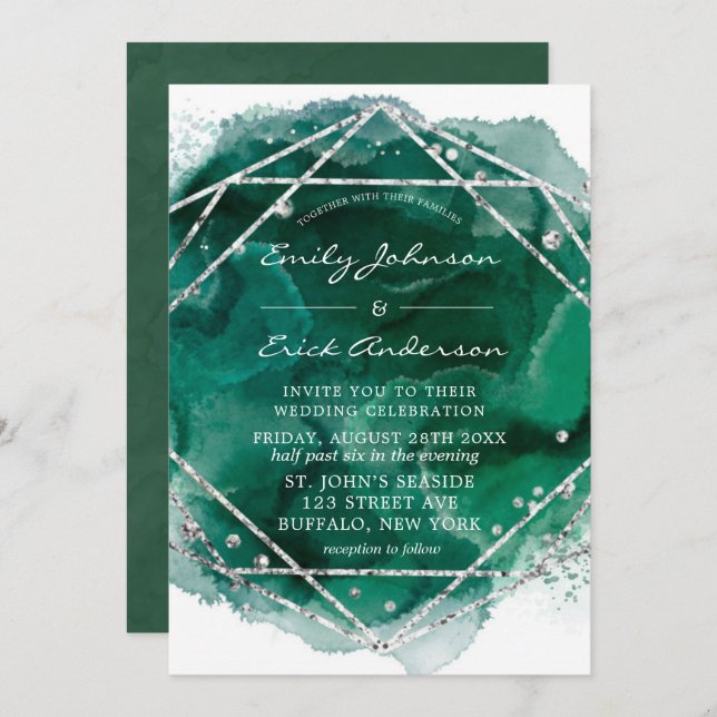 Emerald Green Silver Geometric Glitter Wedding Invitation (Front/Back)