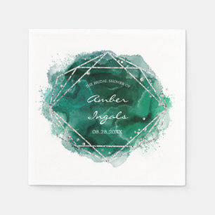 Emerald Green Silver Geometric Watercolor Wedding  Napkin