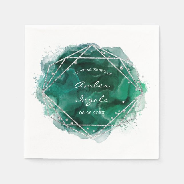 Emerald Green Silver Geometric Watercolor Wedding  Napkin (Front)